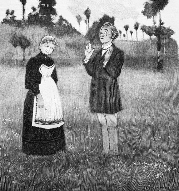 老师站在草地上，教育一个年轻温顺的女仆图片下载