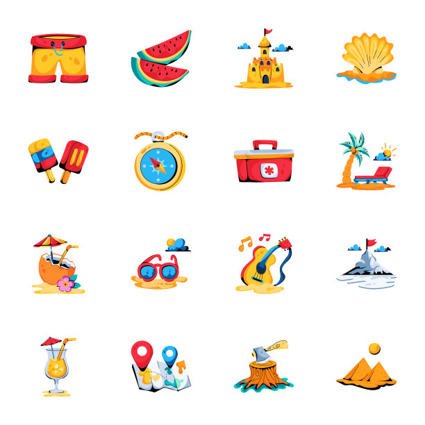 夏季旅行平面图标包图片下载