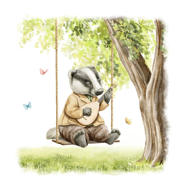 水彩卡通构图，獾音乐家穿着衣服骑在树上的秋千上图片下载