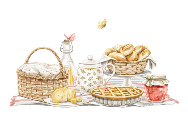 水彩卡通构图与复古野餐格和食物图片下载