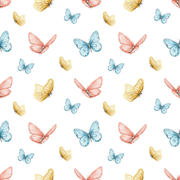 水彩无缝图案与复古集各种彩色蝴蝶图片下载