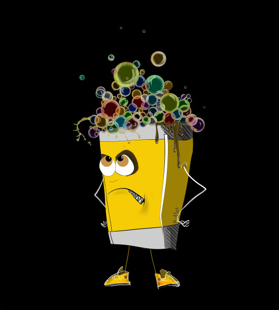 画一个装着咖啡饮料和彩色气泡的硬纸板杯。对正在发生的事情表示不满。图片下载