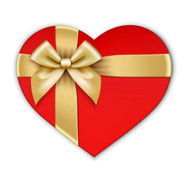 心形红色礼盒与金色蝴蝶结和丝带，礼物图片下载