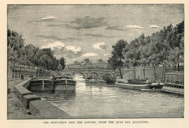 19世纪法国巴黎奥古斯丁码头新桥和卢浮宫的复古插图图片下载