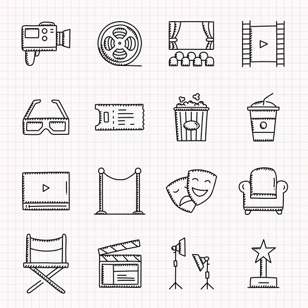 电影和制作相关的手画图标集，涂鸦风格矢量插图图片下载