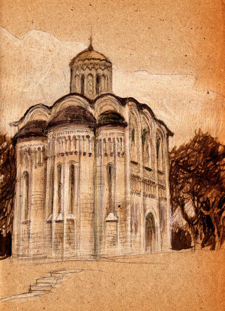 弗拉基米尔市的德米特里大教堂，古老的建筑草图，用铅笔和蜡笔在纹理纸上绘制图片下载