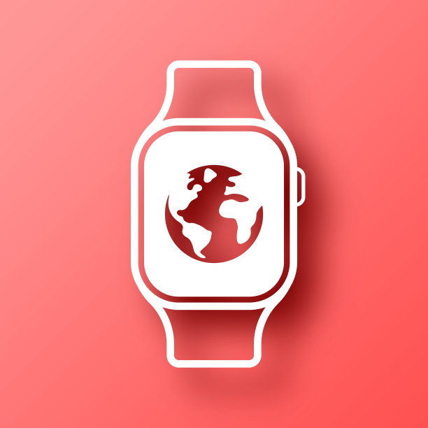 智能手表与地球。图标在红色背景与阴影图片下载