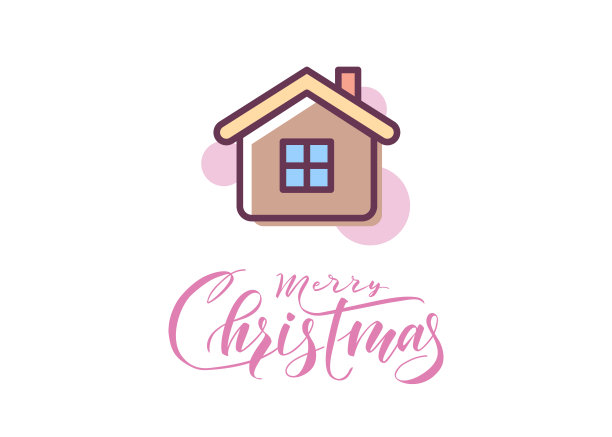 姜饼屋图标与圣诞快乐书法。图片下载