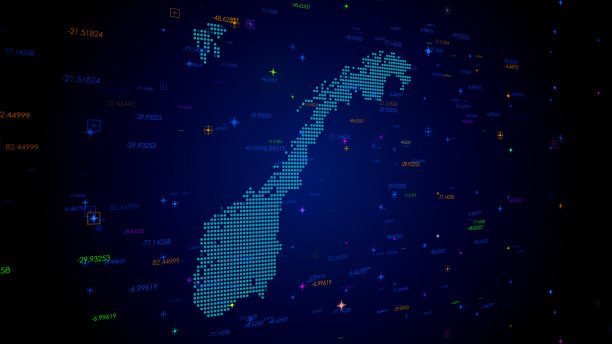 蓝色彩色闪亮的数字技术Hud点马赛克网格挪威地图透视视图与数字技术粒子图片下载