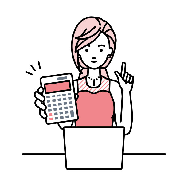 一个穿着礼服的女人在笔记本电脑前微笑着推荐、提议、展示估价并指着计算器图片下载