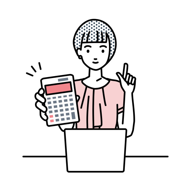 一个工作风格随意的女人，在笔记本电脑前微笑着推荐、提议、展示估算和指着计算器图片下载