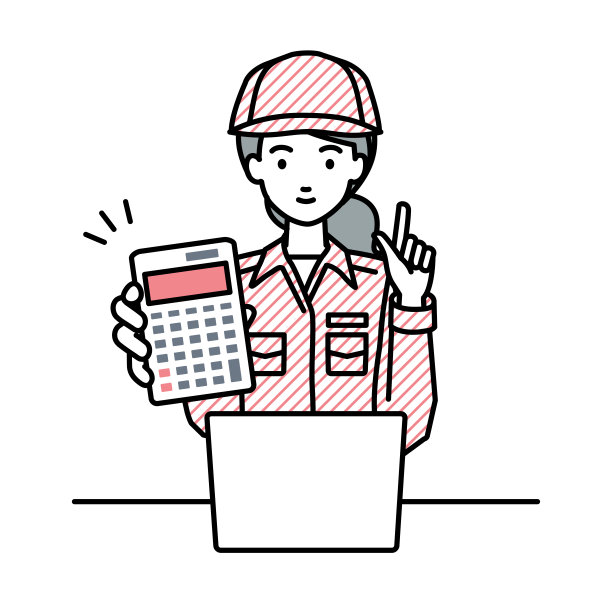 一位蓝领女性在笔记本电脑前微笑着推荐、提议、展示估算并指着计算器图片下载