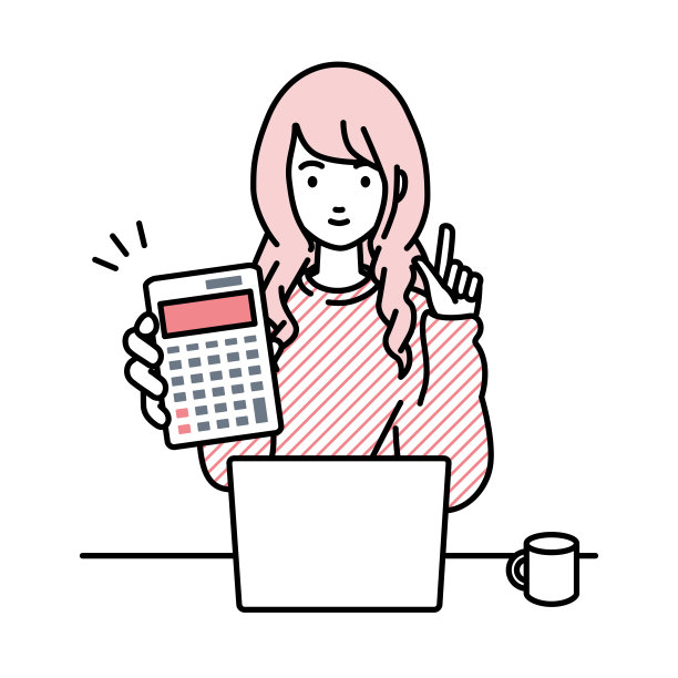 一个穿着休闲风格的女人在笔记本电脑前微笑着推荐、求婚、展示和指着计算器图片下载