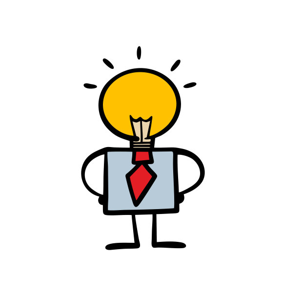 画一个有趣的人，有一个人的身体和一个发光的灯泡。矢量插图的一个辉煌的商人在办公室西装在工作。图片下载