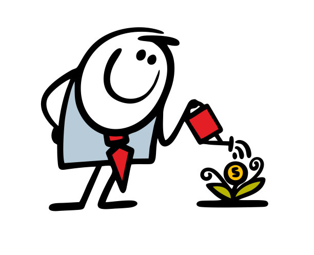 Doodle成功的商人用喷壶浇灌一棵摇钱树。矢量插图的仪式和植物与一个金币好运。图片下载