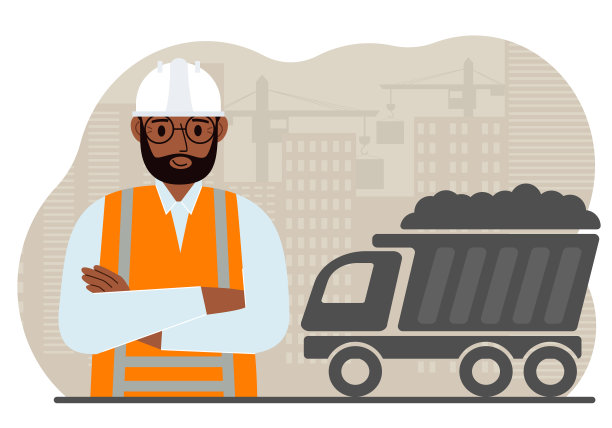 在建筑工地穿着背心戴着安全帽的土木工程师。工人和卸沙卡车。开发、设计场地。图片下载