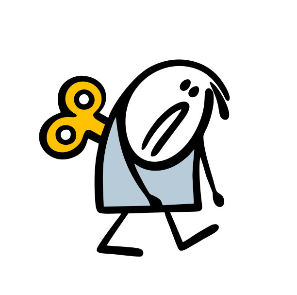 棍子人没有力气，背后插着一把上弦的钥匙，低着头四处游荡。矢量插图疲倦，心烦意乱的员工下班后。图片下载