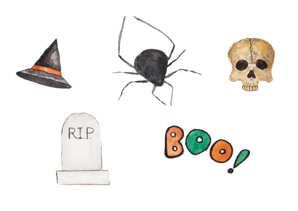 万圣节女巫的帽子，蜘蛛，骷髅，水彩画的墓碑图片下载