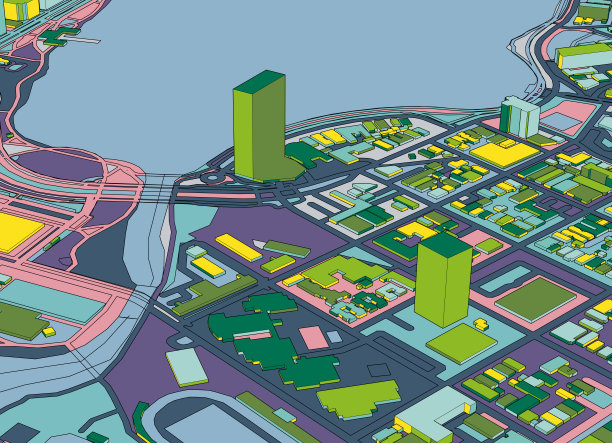 艺术插图地图，3D奥克兰城市结构，梅里特湖附近，美国加州图片下载