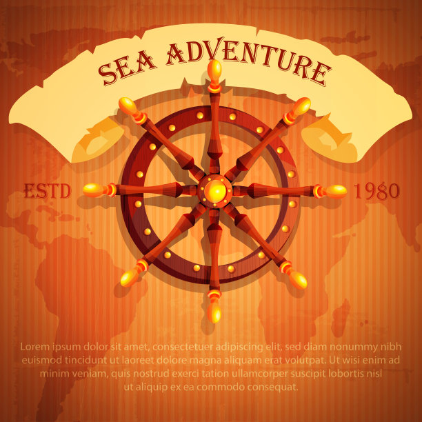 复古风格的海上旅行概念。文字海上旅行与一个掌舵的纸板垃圾背景与世界地图的文字空间。图片下载