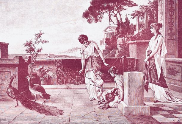 母亲带着孩子和仆人在阳台上追逐孔雀图片下载