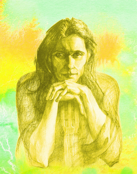 用水彩画的插画，肖像音乐家吉他手，长着黑色的头发，嘴唇上挂着微笑，手里拿着一把吉他，背景是流动的水彩画图片下载