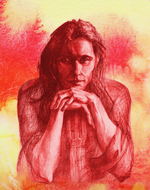 时尚的插图寓言现代艺术印象派我的原画在纸上的水彩画印象派垂直的形象象征的肖像音乐家吉他手年轻的男性英俊的男性性感的长黑发和在他的嘴唇上微笑图片下载