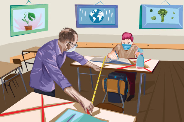 冠状病毒大流行后，一名男教师在教室里为孩子们测量距离和座位间隔图片下载