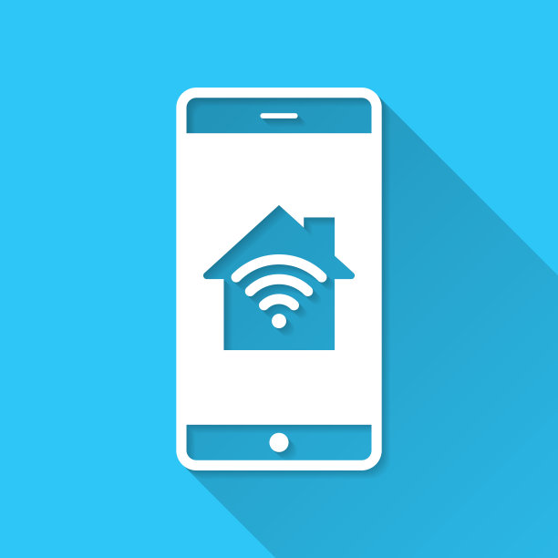 智能手机与智能家居。图标在蓝色背景-平面设计与长阴影图片下载