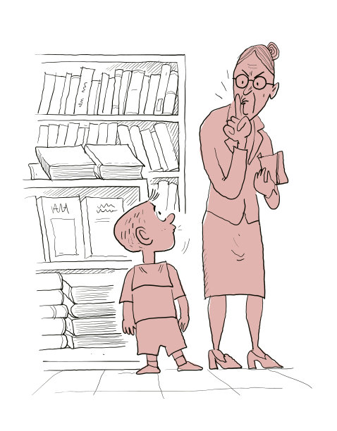 女图书管理员示意小男孩安静图片下载