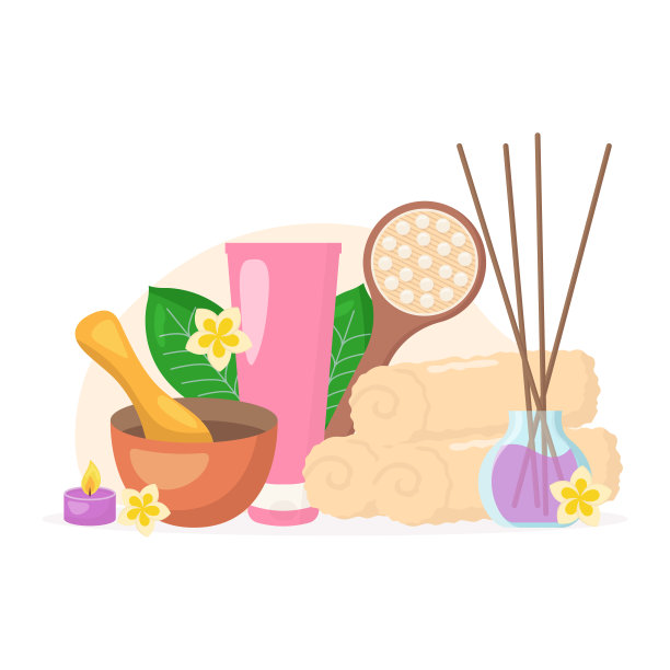 矢量美容水疗沙龙组成。化妆品瓶、毛巾、按摩刷、蜡烛被隔离在白色的背景上。护肤美容概念插画。图片下载