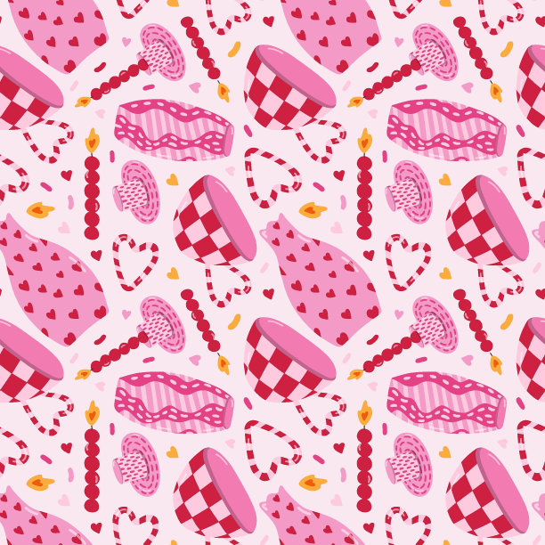 俏皮的餐具无缝图案与涂鸦在明亮的颜色。浪漫印花彩色陶器，手工陶瓷，厨房餐具，可爱的杯子和盘子，时髦的烛台。酷壁纸打印。图片下载