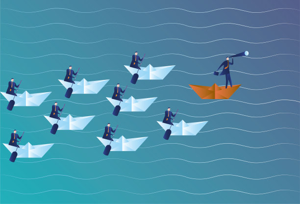 商人用双筒望远镜望着前方，带领团队向前航行图片下载