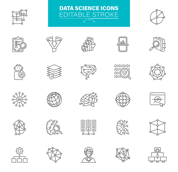 数据科学图标编辑Stroke。该套装包括人工智能、机器学习、计算机芯片、大数据、数字化等图标图片下载