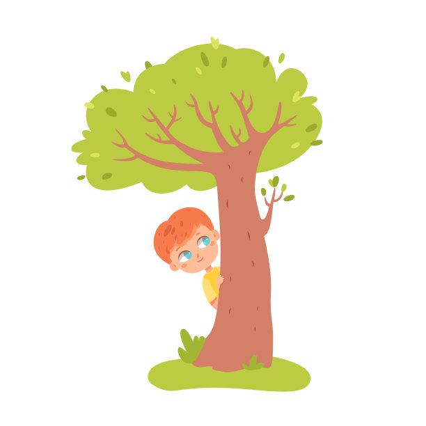 可爱的男孩玩捉迷藏，在绿树上偷看，小孩子躲在夏天的公园里图片下载