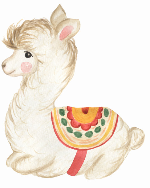 可爱的小羊驼，水彩手绘卡通插图，水彩动物剪贴画图片下载