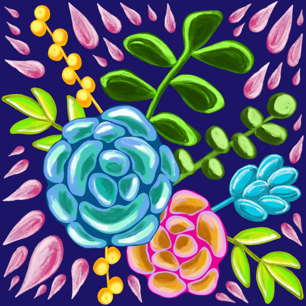 贺卡模板与花卉图案。抽象背景与手绘的叶子，花和肉质植物。油画，丙烯画花卉图案。设计元素贺卡和婚礼，生日和其他节日和邀请卡。图片下载