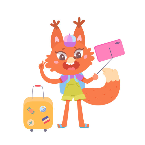 可爱的松鼠游客在拍摄旅行探险，拿着自拍杆拍照图片下载