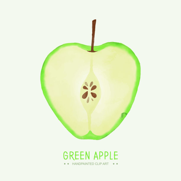 水彩减半的绿色苹果孤立在白色的背景。图片下载