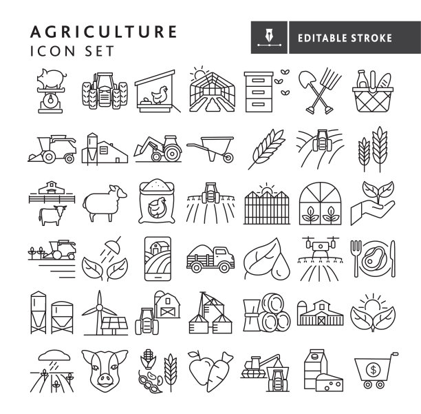 现代农场和农业图标概念细线风格可编辑笔画图片下载