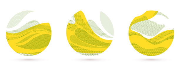 抽象的东方日本艺术矢量背景设置在黄色形状的圆形，传统风格的设计，波浪形状和山脉地形景观，流像海线。图片下载