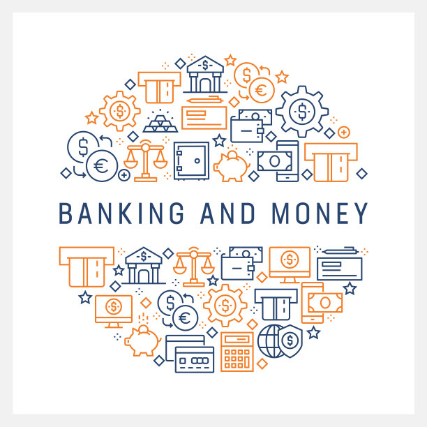 银行和货币概念-彩色线图标，安排在圆圈图片下载