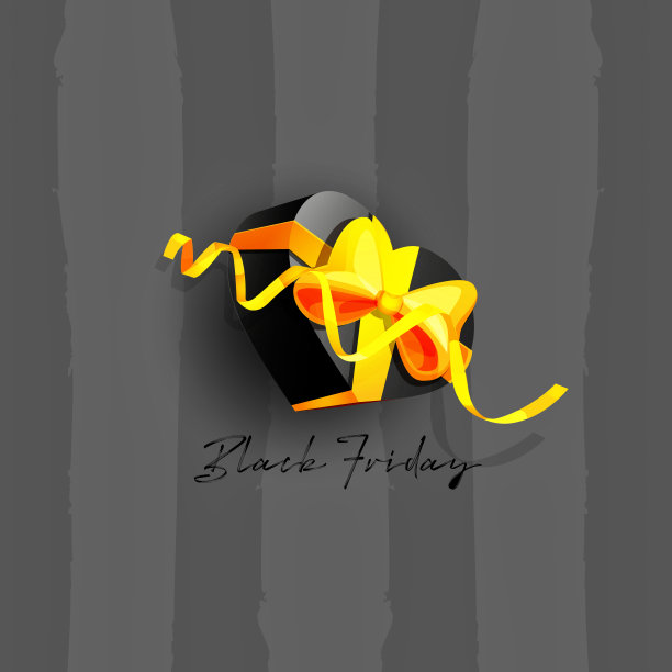 卡通风格的季节性销售概念。“黑色星期五”。黑色礼品盒与心形蝴蝶结与彩色纸屑在一个黑暗的抽象条纹背景。图片下载