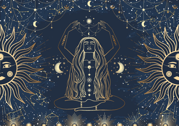 手绘以日、月、星为线条艺术的金色神秘女人牌。星座的空间。精神抽象的象征，深奥的护身符。神奇的空间星系，矢量素描插图图片下载