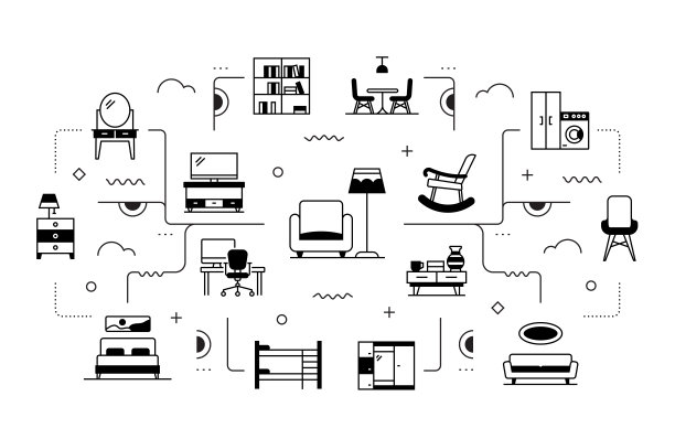 家具相关矢量横幅设计概念，现代线条风格与图标图片下载
