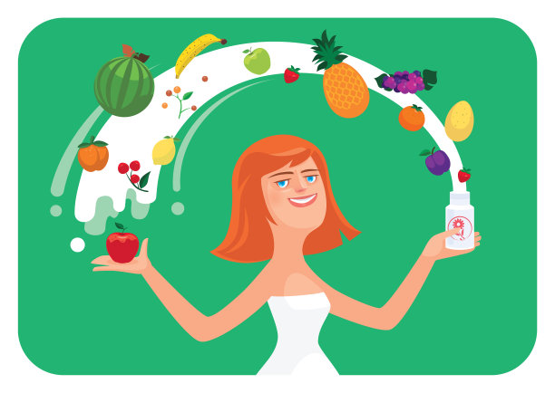 女人拿着装着水果的药瓶图片下载