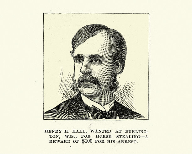 威斯康辛州伯灵顿市通缉亨利·H·霍尔，罪名是偷马，逮捕他的报酬是100美元图片下载