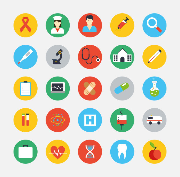 医疗和医疗保健图标设置与长阴影，医疗保健的集合，医疗简单的矢量线图标库存插图。图片下载