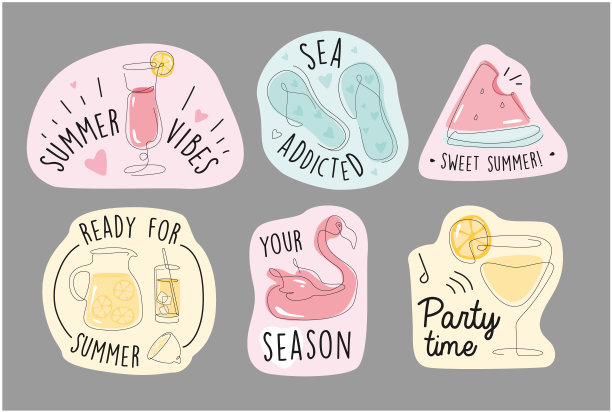 夏天贴纸卡套装。关于暑假的短语。带元素的假期标签。夏天刻字。图片下载