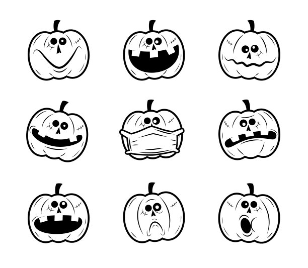 万圣节安全和南瓜灯图标设置9个面部表情在黑色和白色图片下载